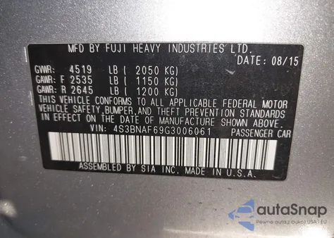 2016 Subaru Legacy 2.5I Premium from USA, damaged, VIN 4S3BNAF69G3006061